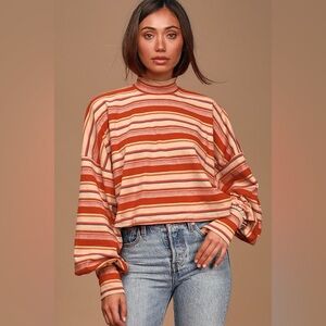 Free People Steph Crop Sweater Small Red Multi Striped Ballon Long Sleeve